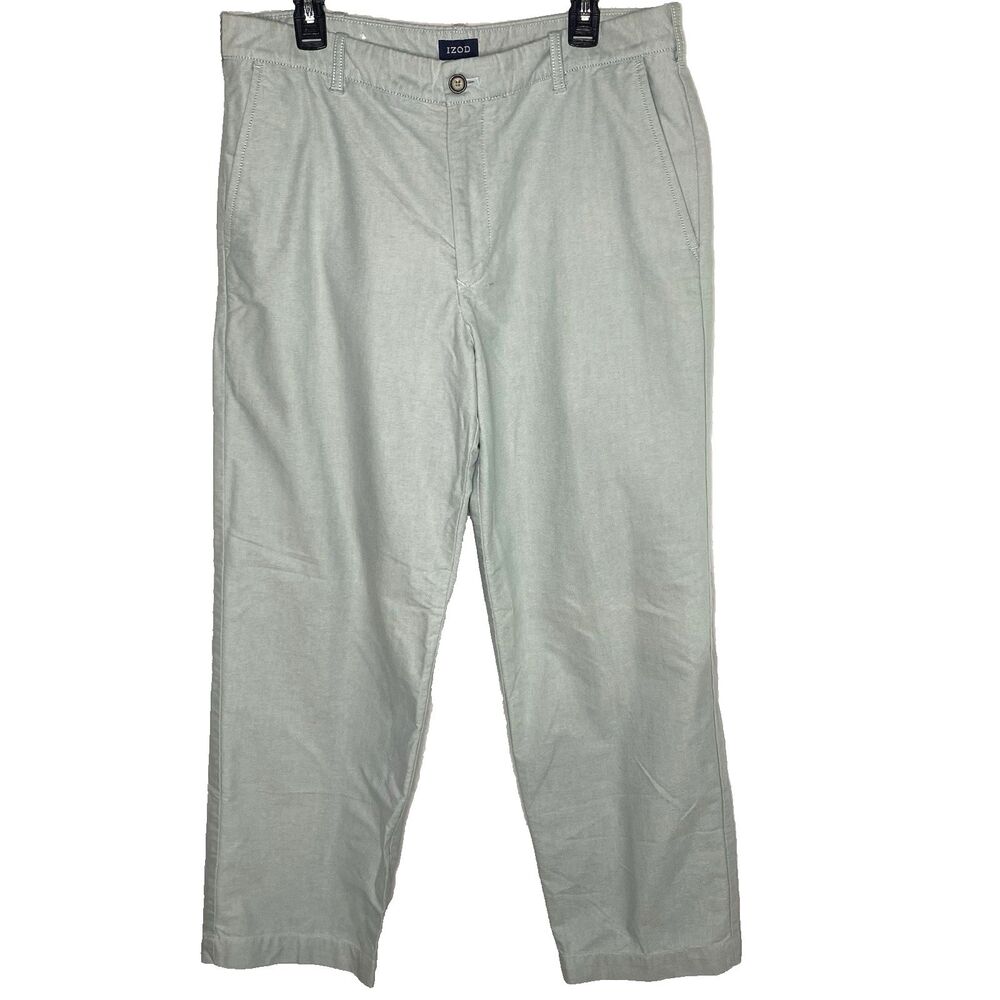 Izod Classic Straight Green Chinos Mens 36x30 Flat Front Cotton Pants Casual